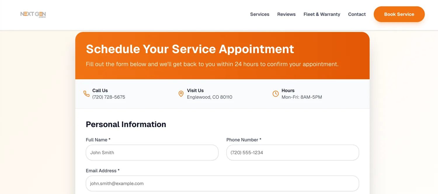 Service appointment form and contact details section from a recent automotive service website build