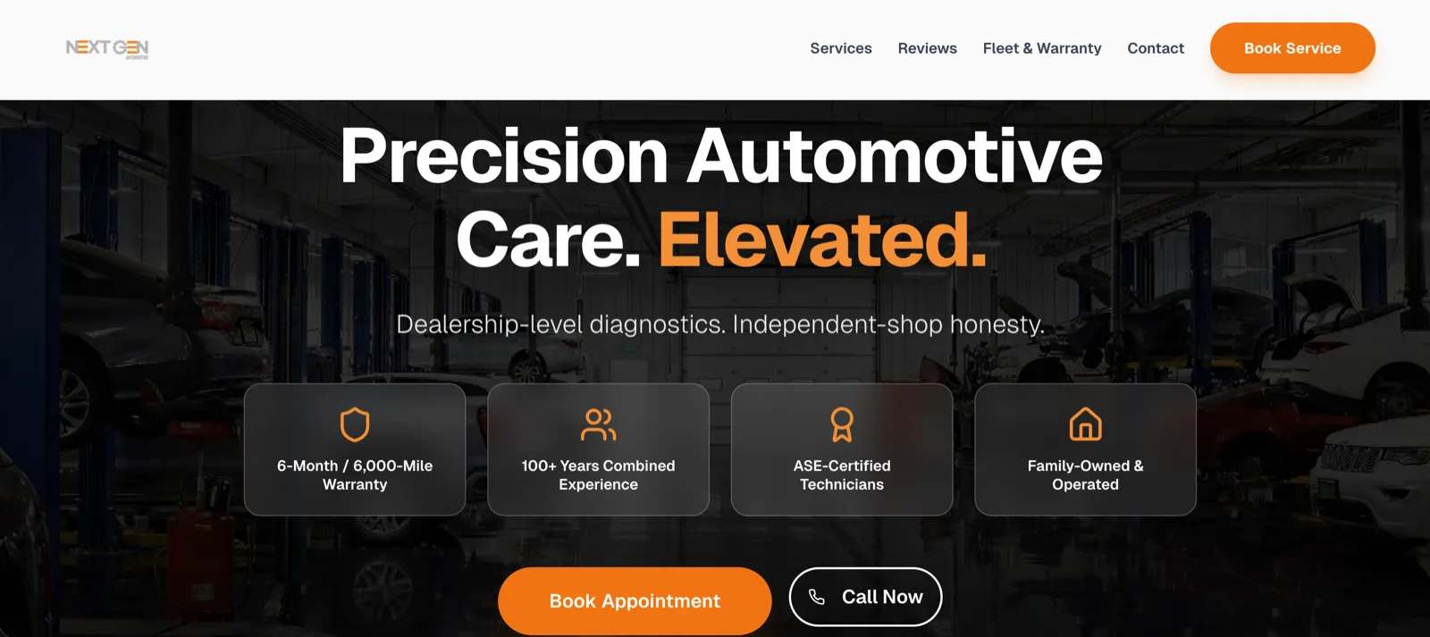 Recent automotive service website hero section with a bold headline, trust badges, and booking call-to-action