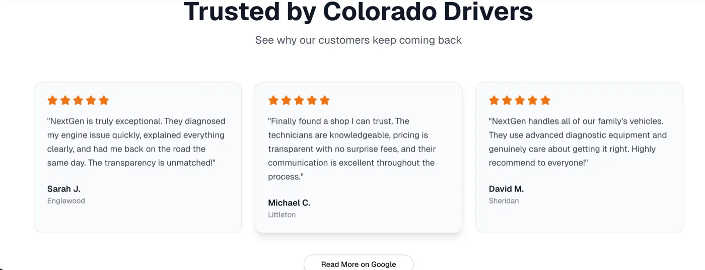 Customer reviews section from a recent automotive service website build