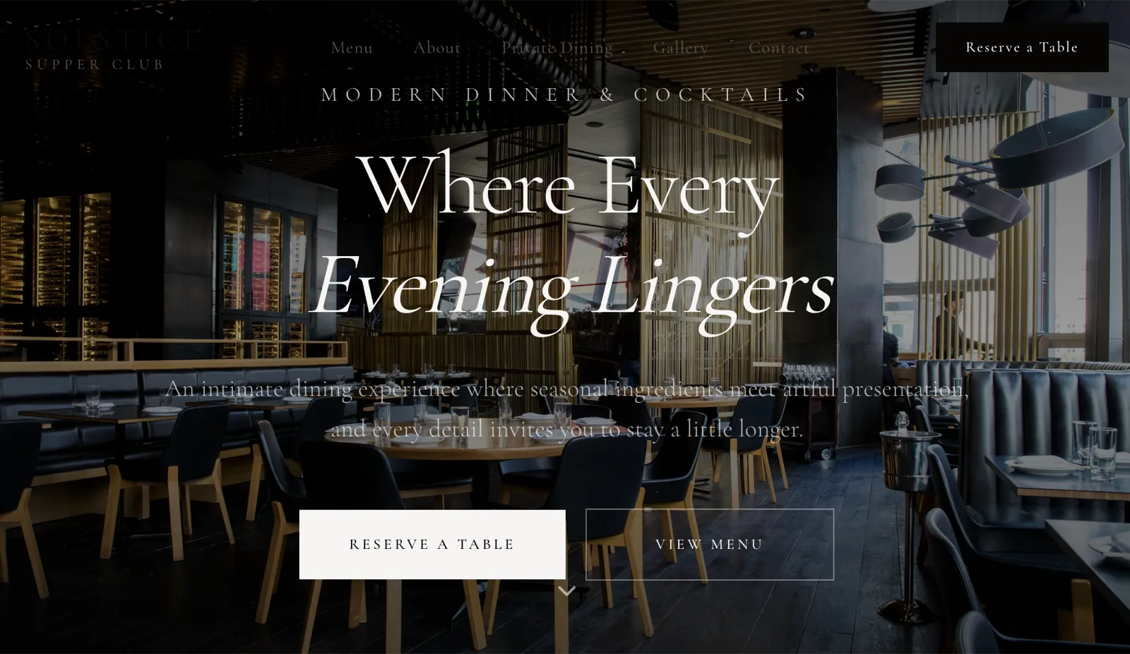 Restaurant website hero section with elegant dining imagery and reservation calls to action