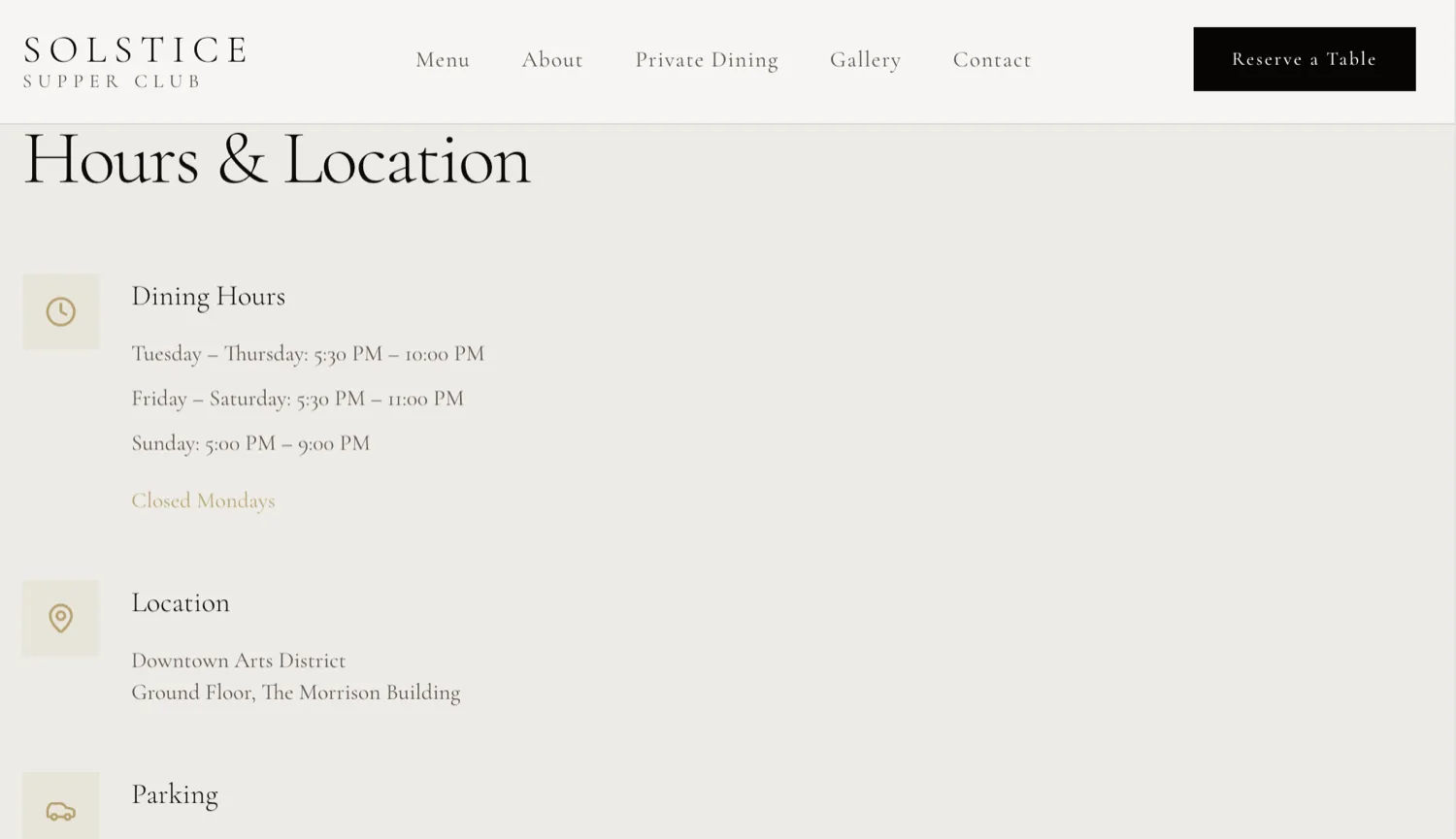 Restaurant hours and location section