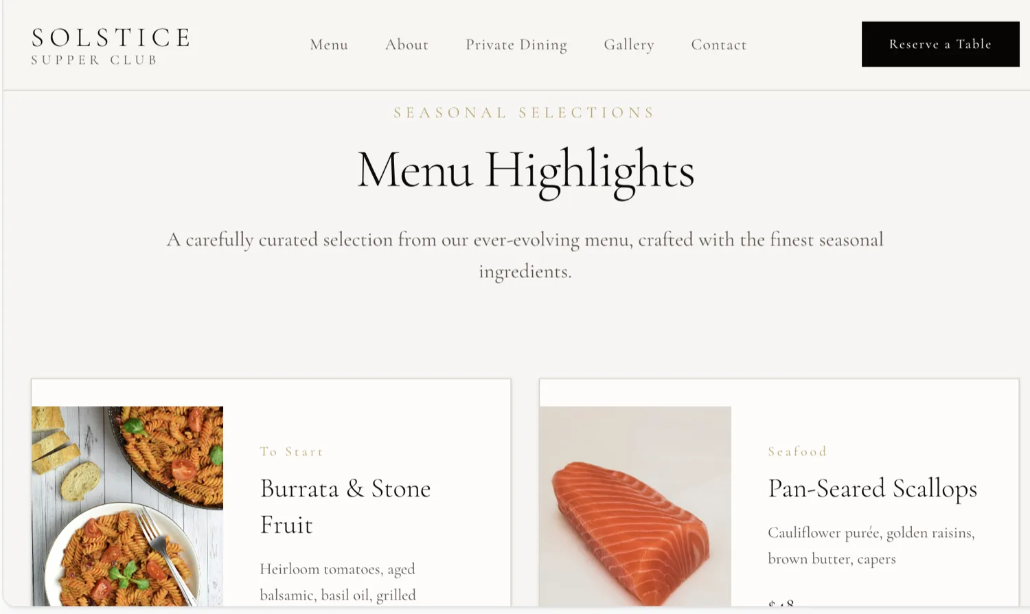 Restaurant menu highlights section with photography and dish descriptions