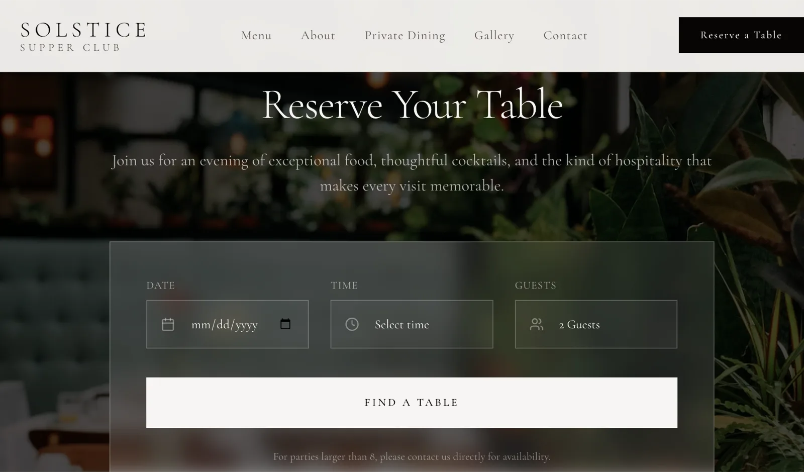 Restaurant reservation form section
